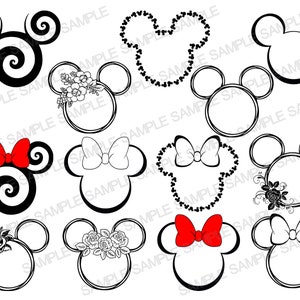 May include: A set of ten black and white mouse head silhouette frames with different designs. Some frames have a bow, flowers, or swirls.
