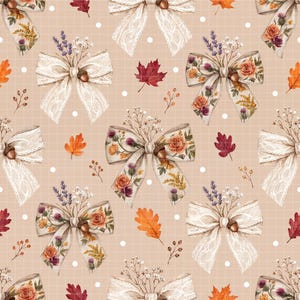May include: A repeating pattern featuring decorative bows with floral and lace details, acorns, and autumn leaves on a beige background. The bows include roses, lavender, and other botanical elements.