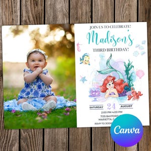 Faire-part petite sirène Anniversaire petite sirène Petite fête sirène Invitation Ariel Anniversaire Ariel Invitation modifiable aquarelle Ariel