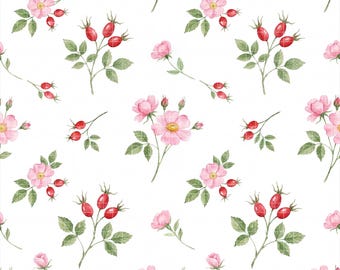 Rosehip Floral Seamless Pattern, Wild Rose Digital Paper, Pink Flower Red Berry Background, Botanical Fabric Design
