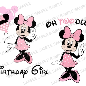 Puede incluir: Un diseño digital con una imagen de dibujos animados de Minnie Mouse sosteniendo un globo rosa con lunares. El texto "Oh Toodles!" está escrito en negro encima de la imagen. Debajo de la imagen está el texto "Birthday Girl" en negro.