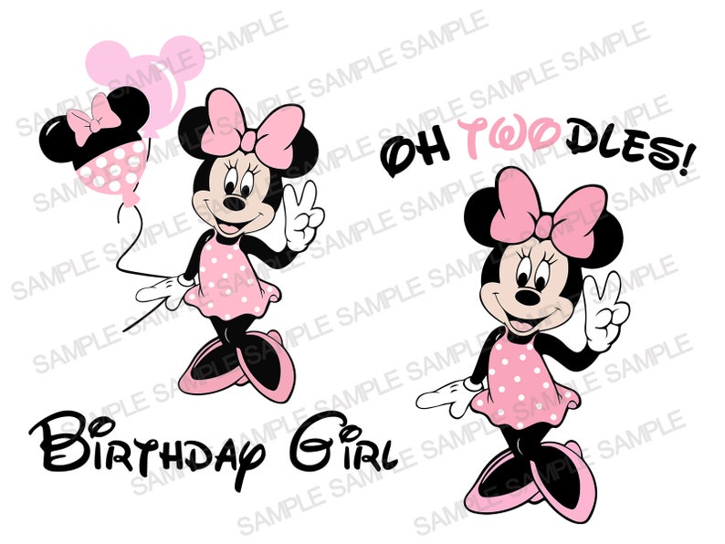 May include: A digital design featuring a cartoon image of Minnie Mouse holding a pink balloon with polka dots. The text "Oh Toodles!" is written in black above the image. Below the image is the text "Birthday Girl" in black.