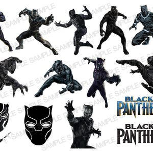 Könnte beinhalten: Black Panther Charakterillustrationen in verschiedenen Posen. Das Bild enthält eine Schwarzweißillustration eines Pantherkopfes, eine Schwarzweißillustration eines Pantherkopfes mit einer Halskette und den Text "Black Panther".