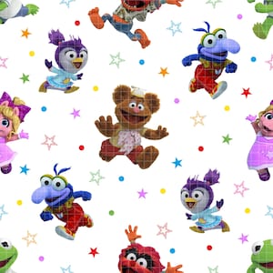 May include: A repeating pattern on a white background featuring cartoon characters including a brown bear, a blue creature with a large nose, a purple bird-like character, and a pig, interspersed with colourful stars and small solid circles.