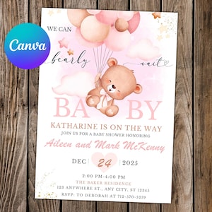 Convite para chá de bebê com ursinho de pelúcia Convite para festa de aniversário Convite para festa de balão de ar quente Convite editável para festa de chá de bebê com ursinho de pelúcia