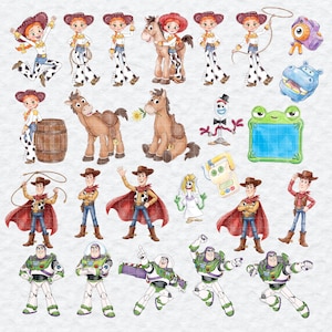 May include: A collection of watercolor-style illustrations featuring characters from Toy Story, including Jessie the cowgirl, Woody the cowboy, Buzz Lightyear, Bullseye the horse, Forky, a green frog-shaped frame, and a purple camera.