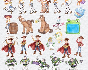 Toy Story Clipart, Woody Buzz Jessie Watercolor PNG Bundle, Movie Character Sublimation, Bullseye Forky Kids Shirt Art