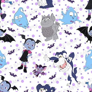 Puede incluir: Patrón repetitivo con personajes de dibujos animados, murciélagos y lunares morados sobre fondo blanco. Los personajes incluyen una niña vampiro, una gárgola, un fantasma y un perro. Adecuado para Halloween o productos infantiles.
