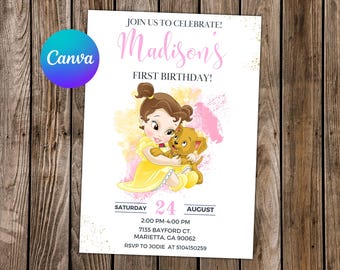 Invitación de bebé Bella Invitación de cumpleaños de la princesa Bella Fiesta de Bella Invitación editable de Bella Tarjeta digital de Bella
