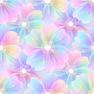 May include: A seamless pattern of pastel-colored flowers. The flowers have a gradient effect, blending shades of pink, blue, yellow, and green. Each flower has a white center and is set against a light grid background.