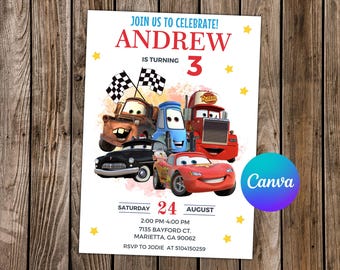 May include: A white invitation with the text "JOIN US TO CELEBRATE! ANDREW IS TURNING 3". Features illustrations of characters from the movie Cars, with checkered flags and star accents.