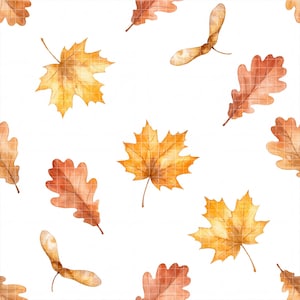 Op de afbeelding: Een naadloos patroon met aquarelillustraties van herfstbladeren op een witte achtergrond. Het ontwerp bevat goudgele esdoornbladeren, bruinoranje eikenbladeren en lichtbruine gevleugelde esdoornzaden in een herhalende lay-out.
