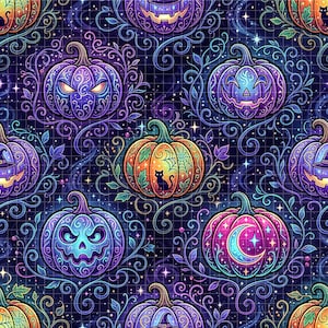 Könnte beinhalten: Ein sich wiederholendes Muster aus bunten Halloween-Kürbissen mit verschiedenen geschnitzten Gesichtern, vor einem dunkelblauen Hintergrund mit wirbelnden Ranken und Sternen. Die Kürbisse sind in Lila-, Orange- und Rosatönen gehalten, mit einer schwarzen Katzen-Silhouette.