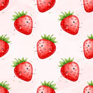 Könnte beinhalten: Ein sich wiederholendes Muster aus lächelnden Erdbeeren mit grünen Blättern auf einem hellrosa Hintergrund. Die roten Erdbeeren haben kleine, glückliche Gesichter und sind über die Oberfläche verstreut. Das Design hat einen Aquarelleffekt.