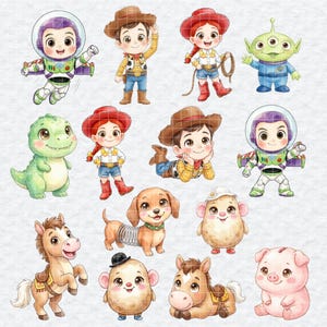 May include: Watercolor illustrations of characters from the Toy Story franchise. The image features Buzz Lightyear, Woody, Jessie, an alien, Rex the dinosaur, a dachshund, a pig, and other characters in a cartoon style.