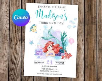 Little Mermaid Invitation Little Mermaid Birthday Little Mermaid Party Ariel Invitation Ariel Birthday Ariel Watercolor Editable Invitation