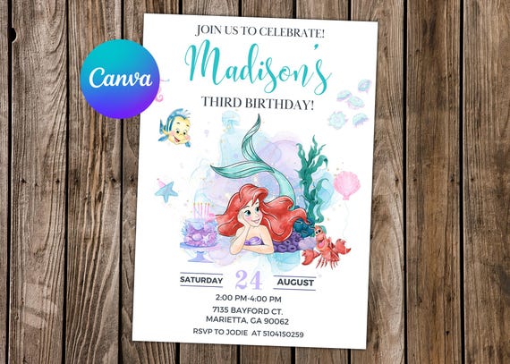 Little Mermaid Invitation Little Mermaid Birthday Little Mermaid Party Ariel Invitation Ariel Birthday Ariel Watercolor Editable Invitation