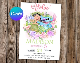 Lilo and Stitch Invitation Stitch Birthday Stitch Party Stitch Watercolor Editable Invitation Stitch Digital Card