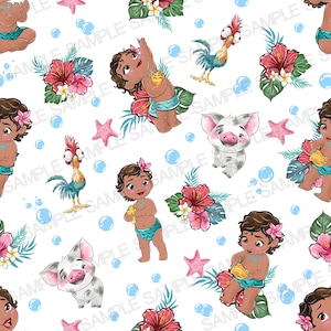 May include: A seamless pattern featuring a cartoon baby Moana with a flower crown, a pig, a rooster, and tropical flowers and leaves on a white background.
