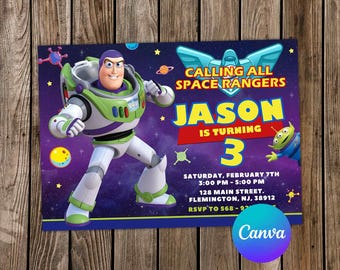 Convite de Patrulheiro Espacial, Modelo Editável do Canva, Festa Galáctica do Buzz Lightyear, Convite de Alienígena de Toy Story, Download Digital