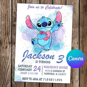 Carte numérique d'invitation au point d'anniversaire Lilo et Stitch, point d'invitation modifiable à l'aquarelle