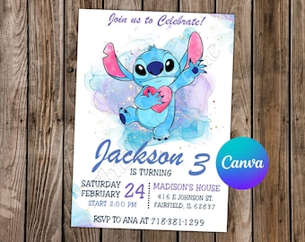 Stitch Invitation Stitch Birthday Lilo and Stitch Party Stitch Watercolor Editable Invitation Stitch Digital Card