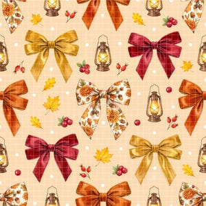 May include: A repeating pattern featuring bows in gold, burgundy, and orange, along with lanterns, autumn leaves, and berries on a cream background. The design evokes a fall or harvest theme.