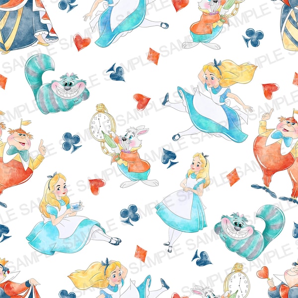 Peut inclure: Un motif sans couture représentant des personnages d'Alice au pays des merveilles, notamment Alice, le Chapelier fou, le Chat du Cheshire et le Lapin blanc. Le motif est sur un fond blanc et comprend des symboles de cartes à jouer.
