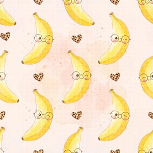 May include: A repeating pattern featuring yellow bananas with smiling faces, winking eyes, and round glasses, interspersed with small brown and tan leopard print hearts on a light peach background with a subtle white grid overlay.