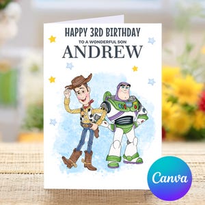 Feliz 3º aniversário para um filho maravilhoso, cartão personalizado de terceiro aniversário do Toy Story, feliz terceiro aniversário, cartão fofo