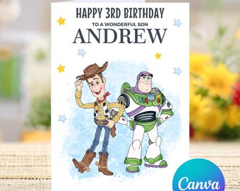 May include: A birthday card featuring Woody and Buzz Lightyear from Toy Story. The card is white with blue watercolor accents and yellow stars. The text on the card reads "Happy 3rd Birthday to a wonderful son Andrew".
