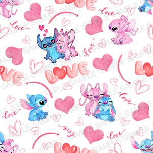 Stitch and Angel Valentines Day Seamless Pattern Stitch Love Digital Pattern Stitch Watercolor Background Pattern