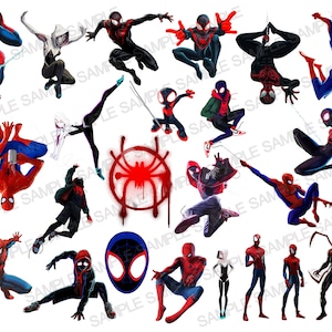 May include: A digital illustration of multiple Spider-Man characters in various poses. The characters are all wearing red and blue suits with black accents. Some of the characters are wearing masks, while others are not. The characters are all in different poses, some are jumping, some are standing, and some are swinging from webs.