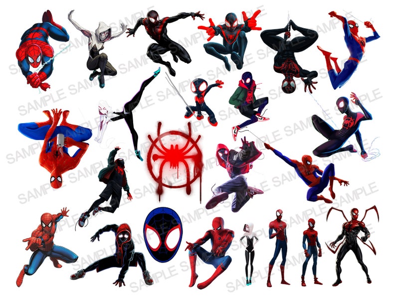 May include: A digital illustration of multiple Spider-Man characters in various poses. The characters are all wearing red and blue suits with black accents. Some of the characters are wearing masks, while others are not. The characters are all in different poses, some are jumping, some are standing, and some are swinging from webs.
