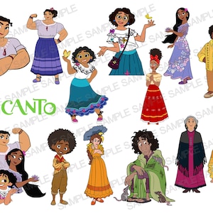 May include: A colorful illustration of the characters from the animated film Encanto. The characters are depicted in their signature outfits and poses, including Mirabel, Bruno, Alma, and others. The illustration is set against a white background.