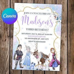 Convite Frozen Aniversário Frozen Festa Frozen Aquarela Convite Editável Cartão Digital Frozen