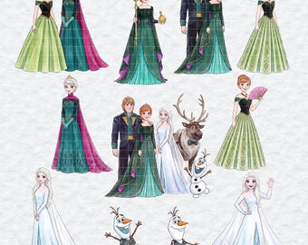 Frozen Clipart, Elsa Anna Watercolor PNG Bundle, Ice Princess Snow Queen Sublimation, Snowman Kristoff Sven, Girl Birthday Digital
