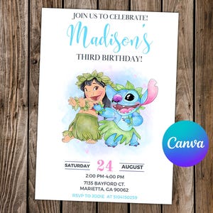 Carte numérique Lilo et Stitch, point d'anniversaire, point de fête, aquarelle modifiable, point d'invitation