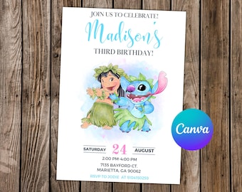 May include: A birthday invitation featuring Lilo and Stitch from Disney's Lilo & Stitch. The invitation is decorated with a watercolor background and has a blue and pink color scheme. The text on the invitation reads "Join us to celebrate! Madison's Third Birthday!" and includes the date, time, and location of the party.
