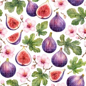 May include: A seamless pattern featuring watercolor illustrations of whole and halved purple figs, green lobed fig leaves, and light pink blossoms. The design displays a repeating arrangement of fruit and floral elements on a white background.