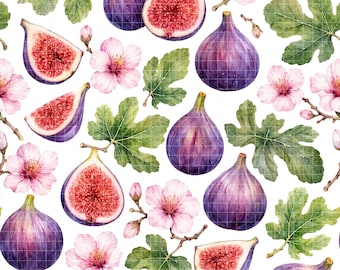 Purple Fig Seamless Pattern, Cherry Blossom Digital Paper, Watercolor Fruit Background, Exotic Botanical Fabric Design