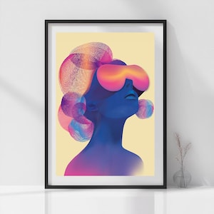 A minimalist and psychedelic illustration with an woman Illustration poster vector Colourful Art Print Wall Art Decor Psychedelic Art Poster