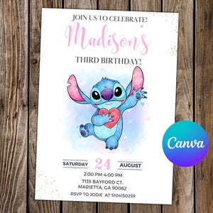Convite Stitch Stitch Aniversário Lilo e Stitch Festa Stitch Aquarela Convite Editável Stitch Cartão Digital