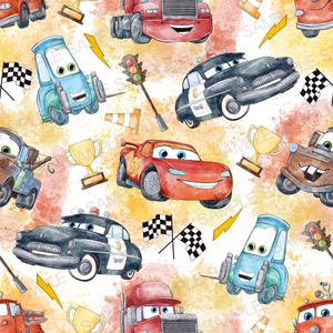 May include: A repeating pattern featuring cartoon cars, trucks, and racing elements. The design includes red, blue, and brown vehicles, checkered flags, trophies, and lightning bolts on a watercolor-style background.