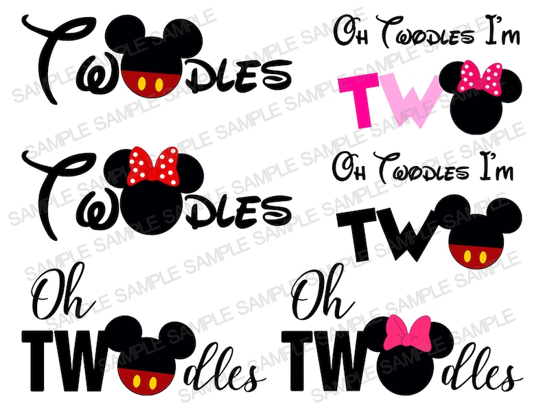 May include: Several graphics with Mickey and Minnie Mouse silhouettes and the words "Two" and "Toodles." Designs include a red polka dot bow, a pink bow, and the text "Oh Toodles I'm Two."