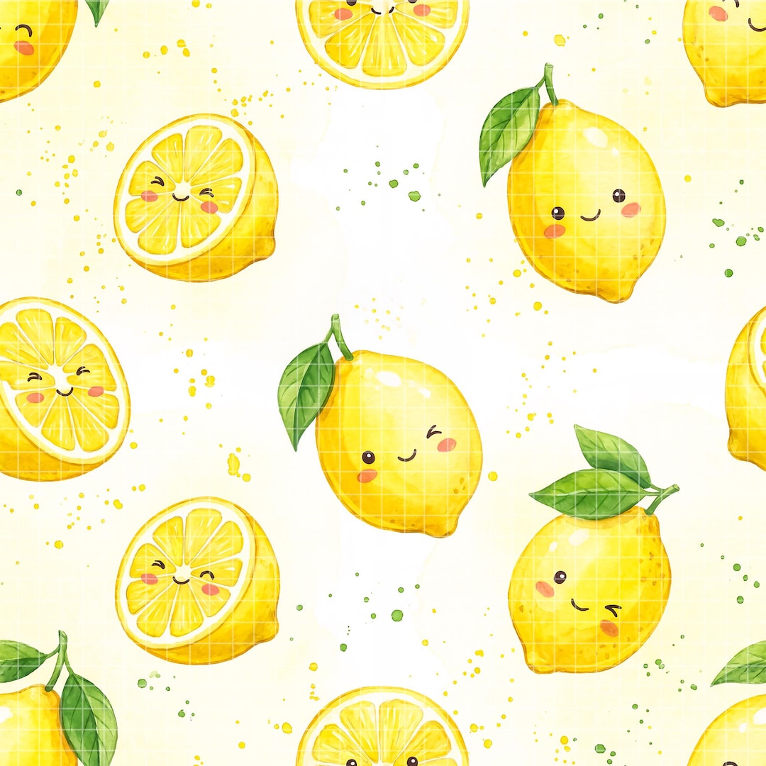 Kawaii Lemon Seamless Pattern, Cute Citrus Digital Paper