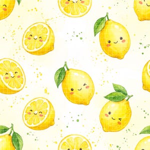 May include: A repeating pattern of cartoon lemons with smiling faces and green leaves on a light yellow background. Some lemons are whole, and some are sliced in half, all with a grid-like texture.