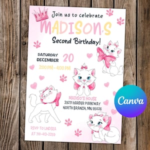 おしゃれキャット招待状 マリー招待状 おしゃれキャット誕生日 おしゃれキャットパーティー おしゃれキャット水彩画編集可能招待状