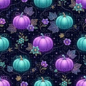 May include: Seamless pattern featuring glowing pumpkins in shades of purple and teal, interspersed with floral and leaf elements. The design includes delicate vines and stars on a dark blue grid background, creating a whimsical, festive theme.