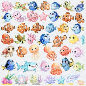 May include: A collection of watercolour illustrations of marine life. The image features cartoon-style depictions of fish, turtles, jellyfish, and octopuses in vibrant colours. Various fish species and other sea creatures are shown.